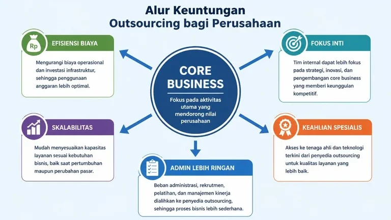 diagram keuntungan outsourcing bagi perusahaan fokus efisiensi skalabilitas dan keahlian spesialis diagram keuntungan outsourcing bagi perusahaan fokus efisiensi skalabilitas dan keahlian spesialis