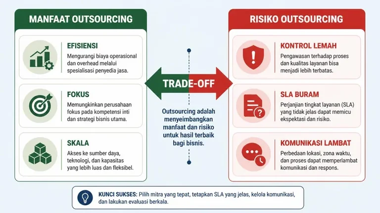 perbandingan manfaat dan risiko keuntungan outsourcing bagi perusahaan pada diagram dua kolom perbandingan manfaat dan risiko keuntungan outsourcing bagi perusahaan pada diagram dua kolom